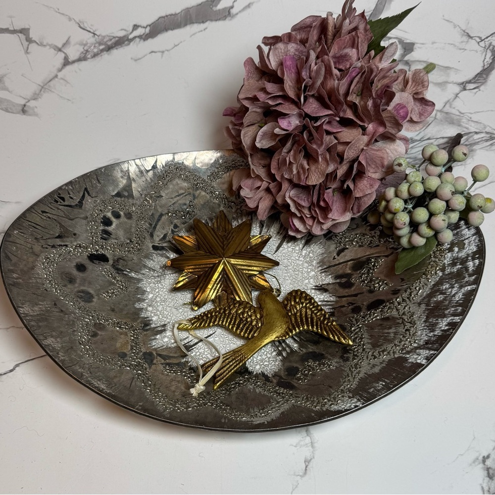 Pier 1 Oval Silver Mercury glass style textured scoop platter bowl